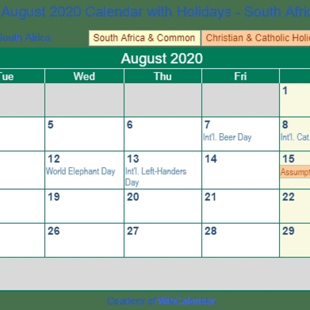 Print Friendly August 2020 South Africa Calendar For Printing