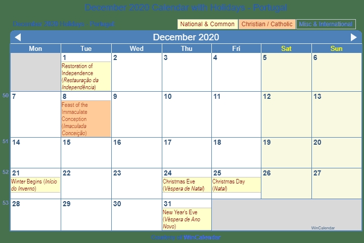 Print Friendly December 2020 Portugal Calendar For Printing