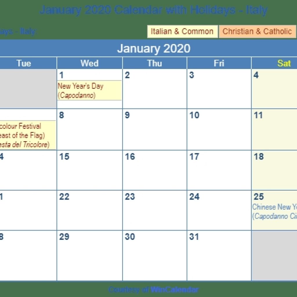 Print Friendly January 2020 Italy Calendar For Printing