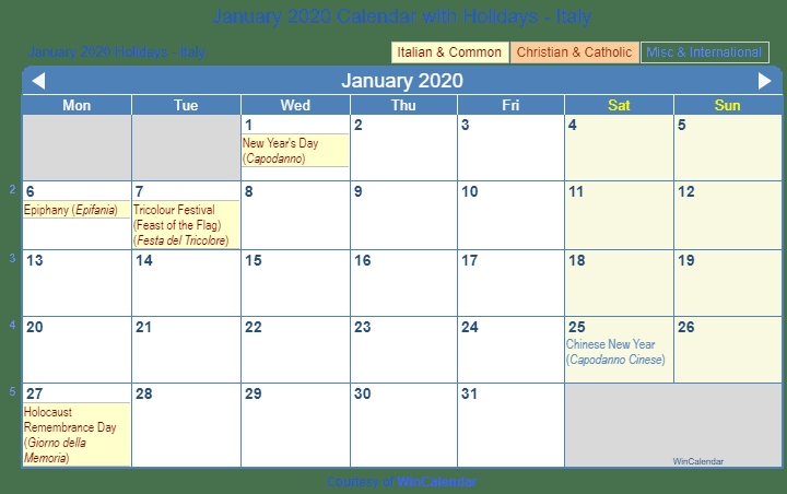 Print Friendly January 2020 Italy Calendar For Printing