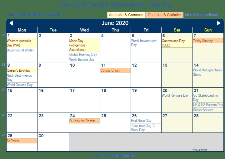 Print Friendly June 2020 Australia Calendar For Printing