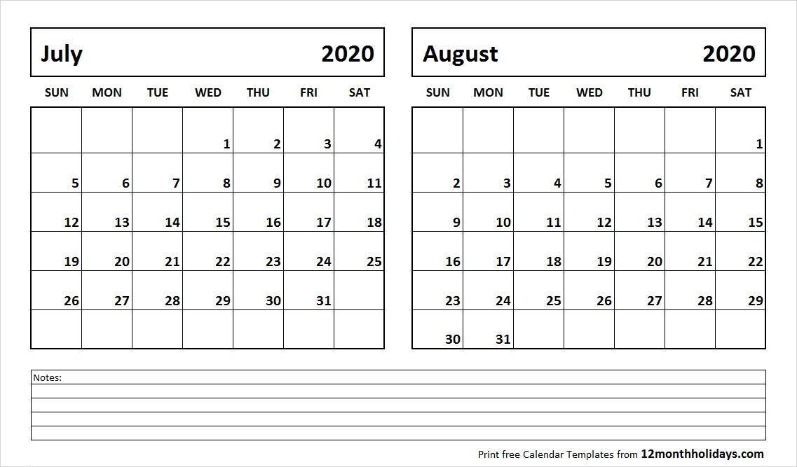 Print July August 2020 Calendar Template 2 Month Calendar