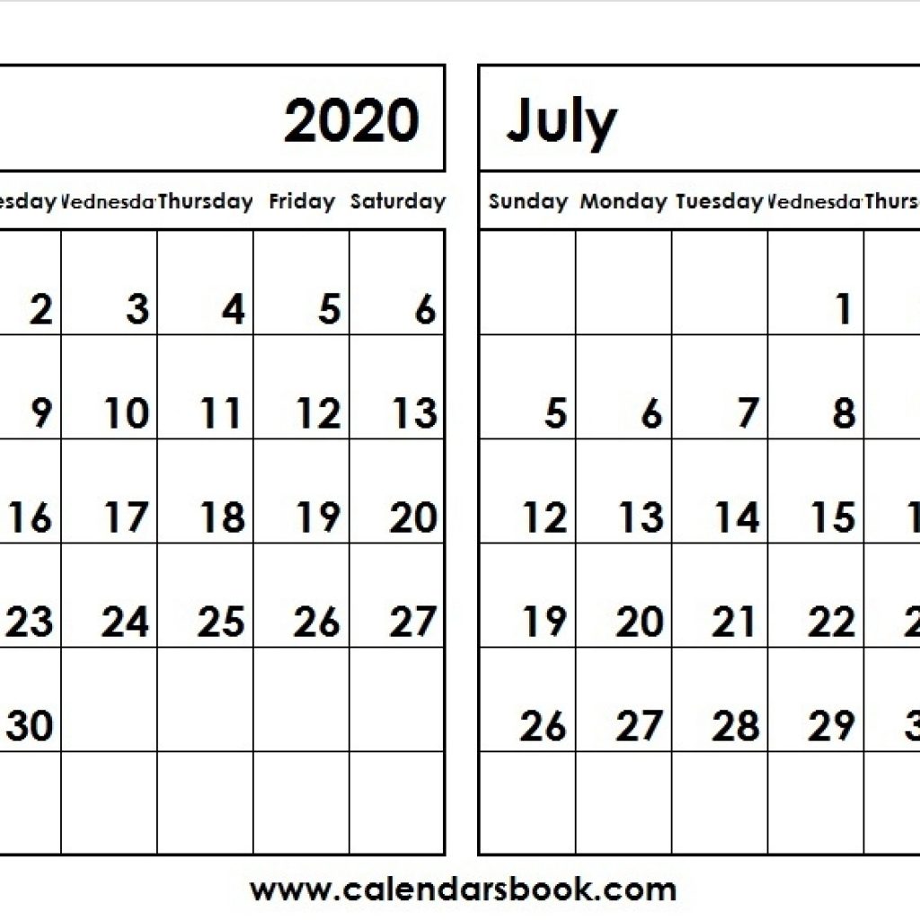 Print June July 2020 Calendar Template 2 Month Calendar