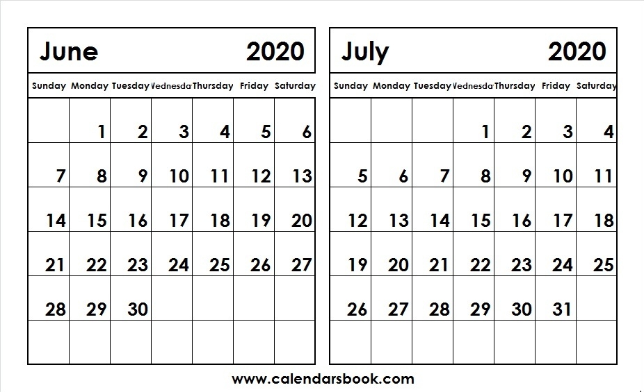 Print June July 2020 Calendar Template 2 Month Calendar