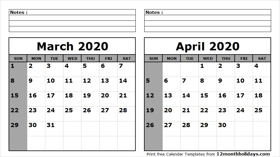 Print March April 2020 Calendar Template 2 Month Calendar