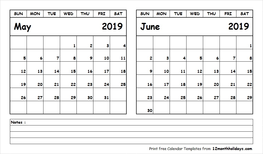 Print May June 2019 Calendar Template 2 Month Calendar