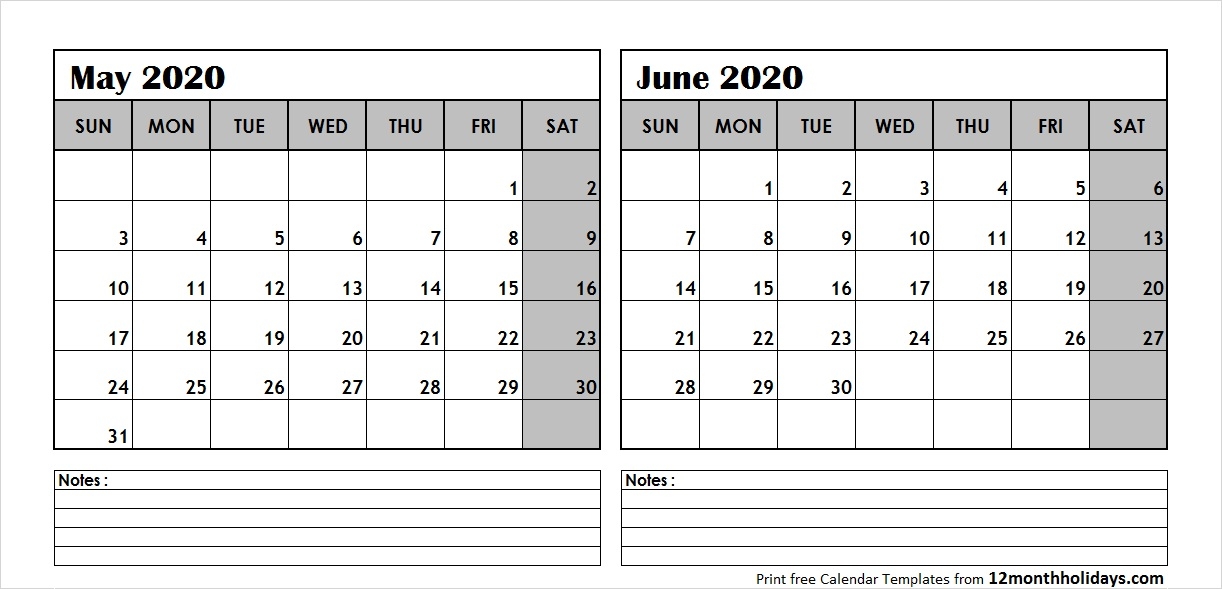 Print May June 2020 Calendar Template 2 Month Calendar