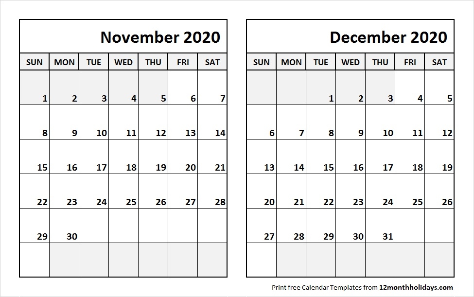 Print November December 2020 Calendar Template 2 Month Calendar