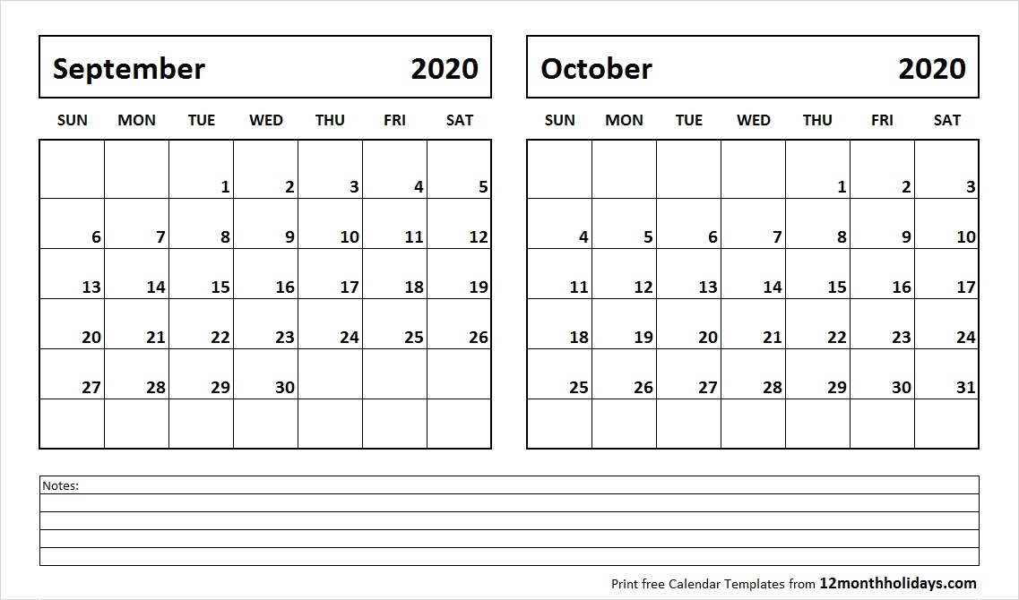 Print September October 2020 Calendar Template 2 Month Calendar