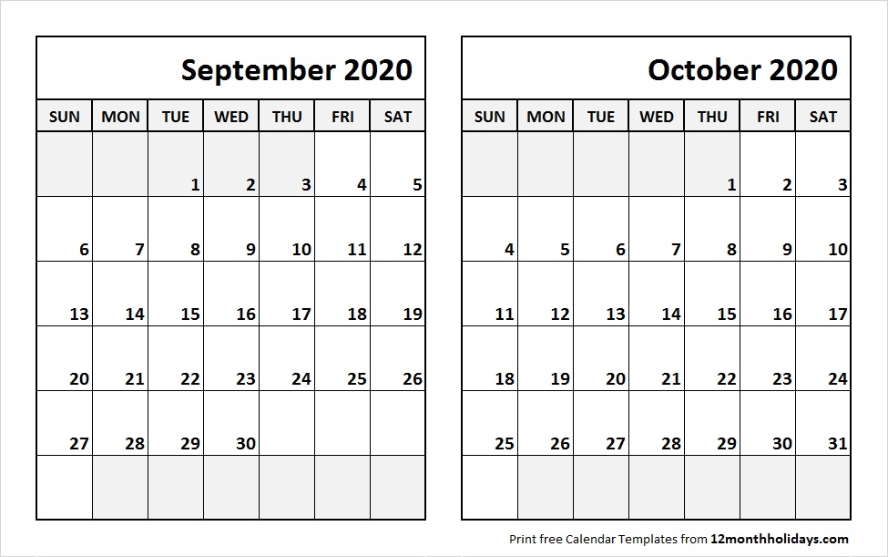 Print September October 2020 Calendar Template 2 Month Calendar