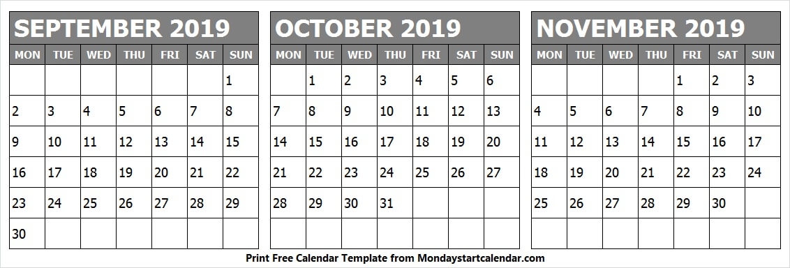 Print September October November 2019 Calendar Fresh 2019 Template