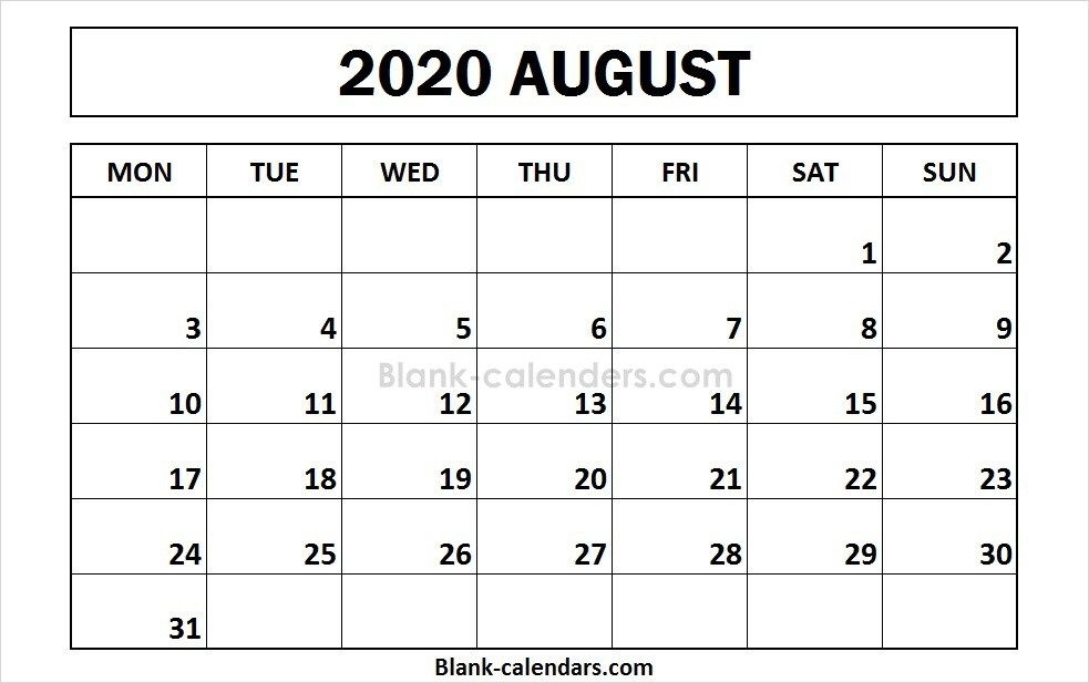 Printable August 2020 Calendar Monday Start 2020 Calendar