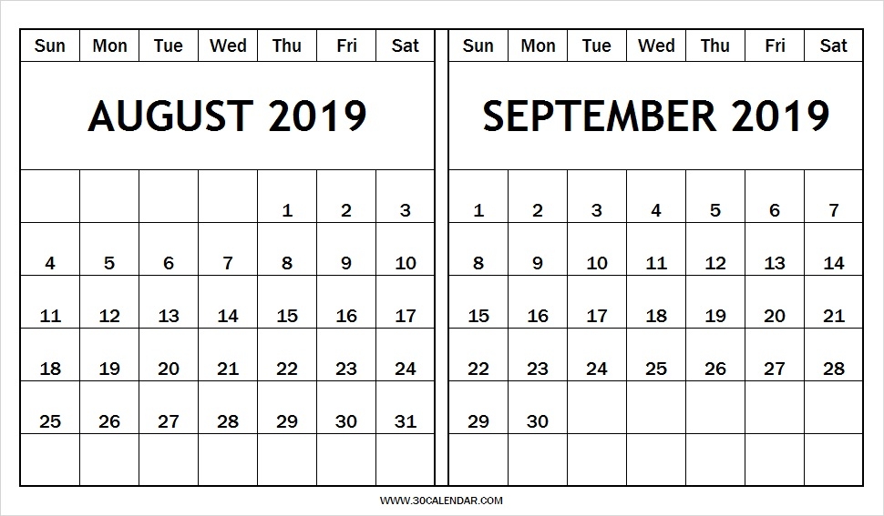 Printable August September Calendar 2019 30 Day Calendar