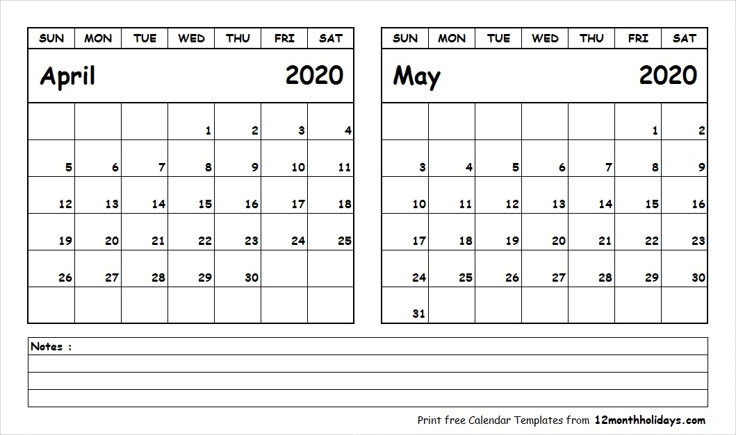 Printable Blank Two Month Calendar April May 2020 Template