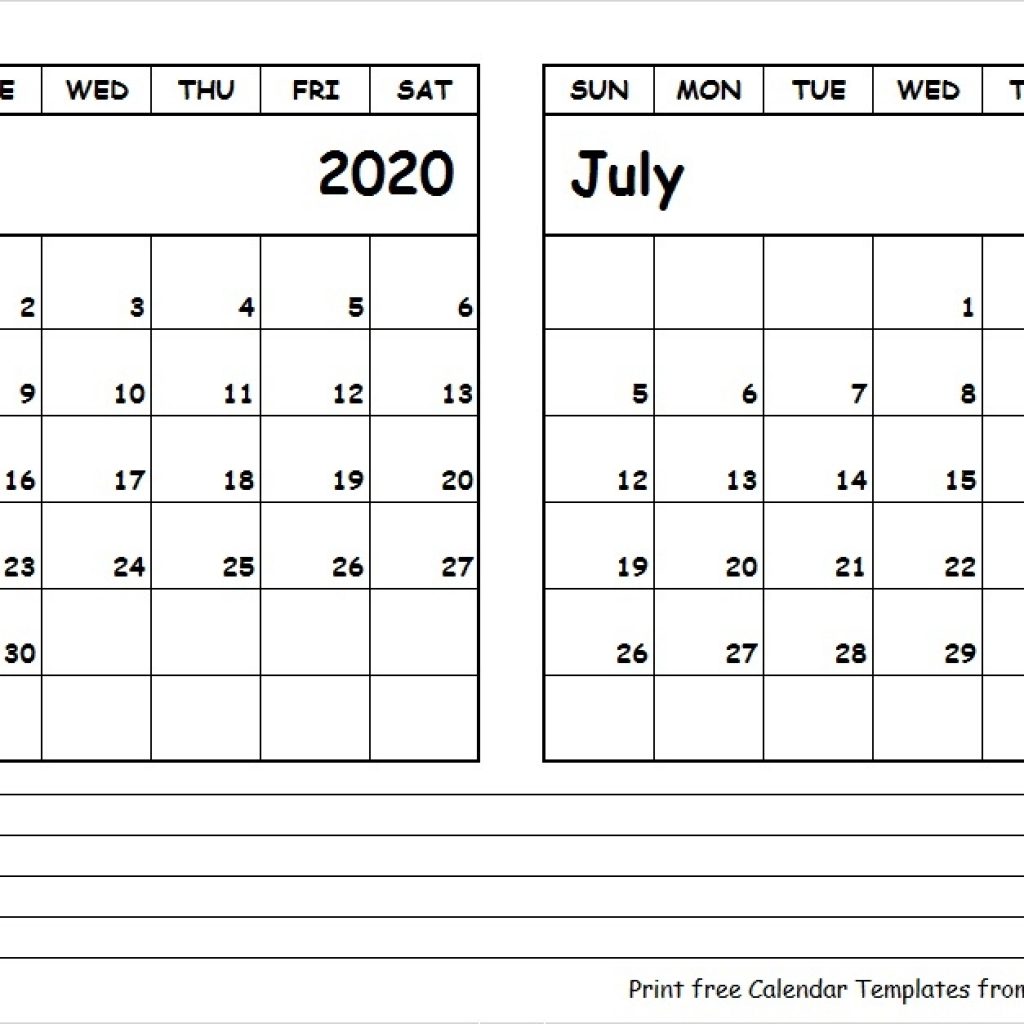 Printable Blank Two Month Calendar June July 2020 Template