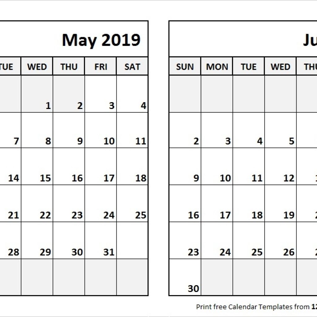 Printable Blank Two Month Calendar May June 2019 Template