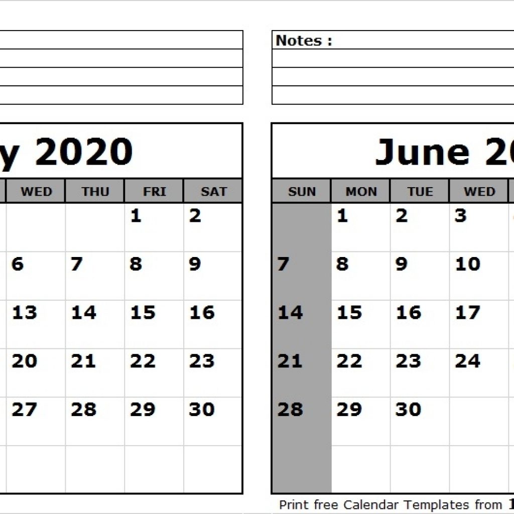 Printable Blank Two Month Calendar May June 2020 Template