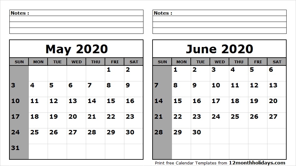 Printable Blank Two Month Calendar May June 2020 Template