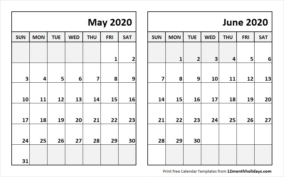 Printable Blank Two Month Calendar May June 2020 Template