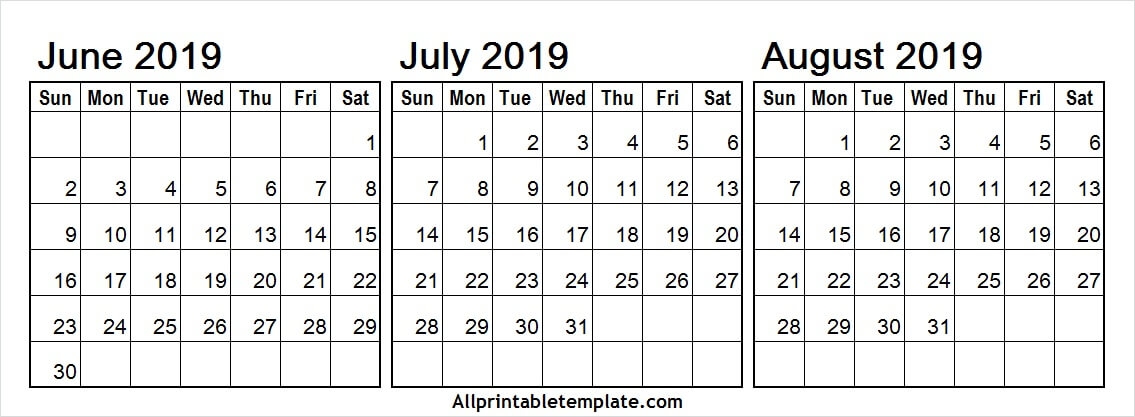 Printable Calendar June July August 2019 Template 2019 Calendar Pdf