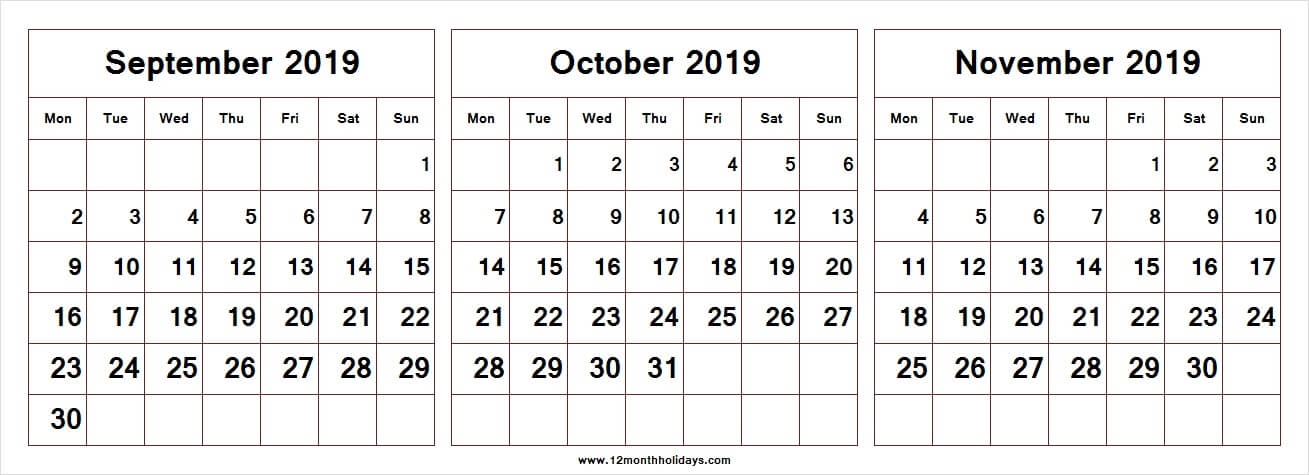 Printable Calendar September October November 2019 Blank Calendar