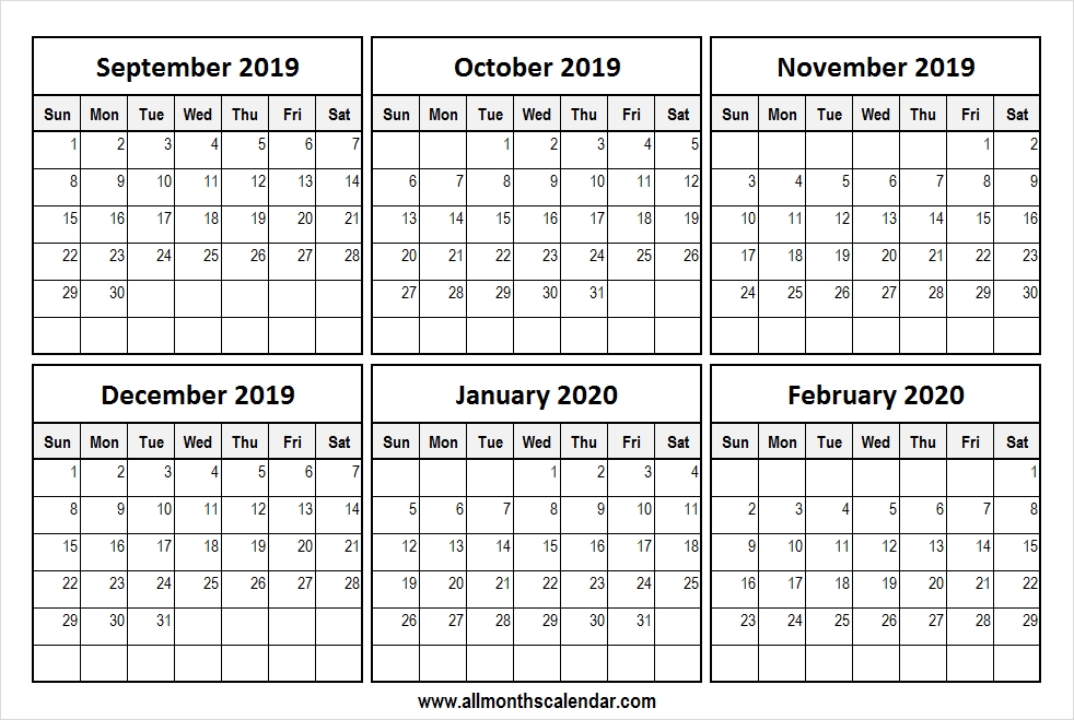 Printable September 2019 February 2020 Calendar Free Template