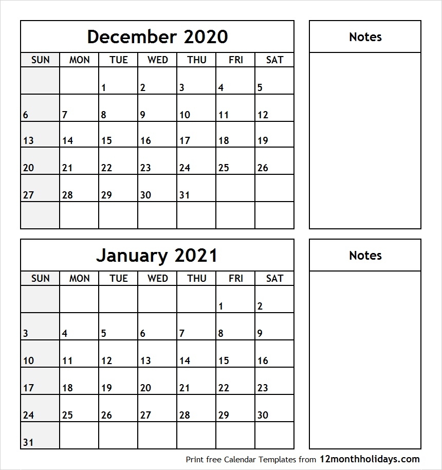 Printable Two Month Calendar December 2020 January 2021 Template