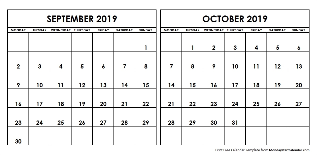 Sep Oct 2019 Calendar Monday Start Editable Two Months Template