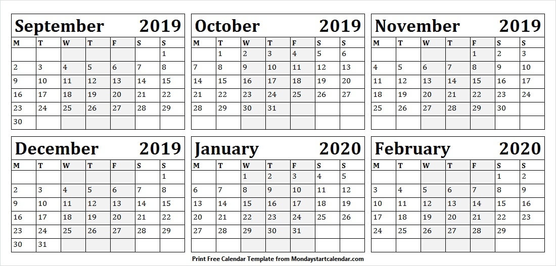 September 2019 February 2020 Calendar Six Month Template