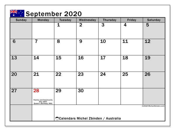 September 2020 Calendar Australia Michel Zbinden En