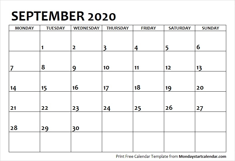 September 2020 Calendar Monday Start September Month Template