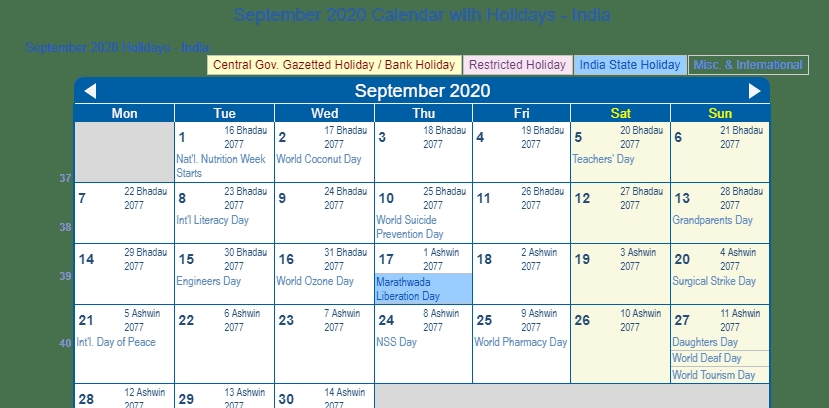 September 2020 Calendar With Holidays India