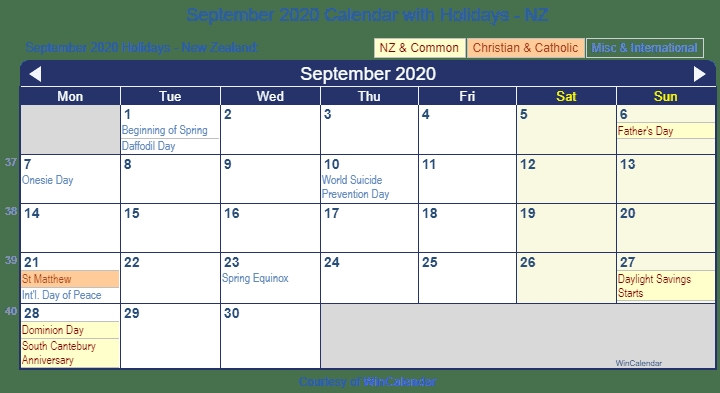 September 2020 Calendar With Holidays New Zealand