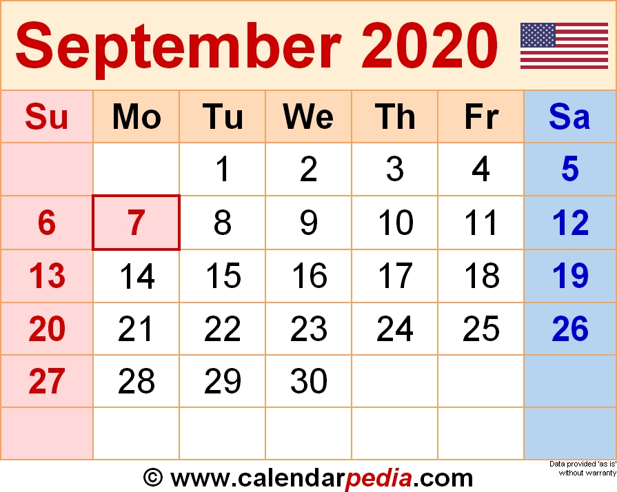 September 2020 Calendars For Word Excel Pdf