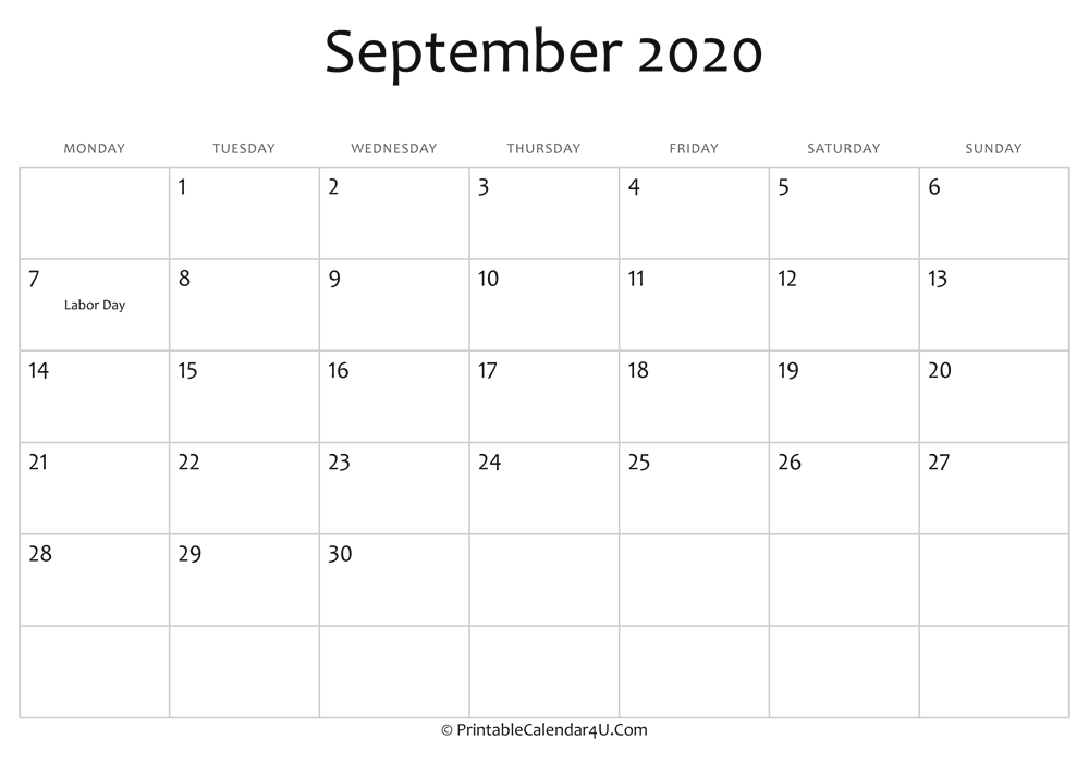 September 2020 Editable Calendar With Holidays