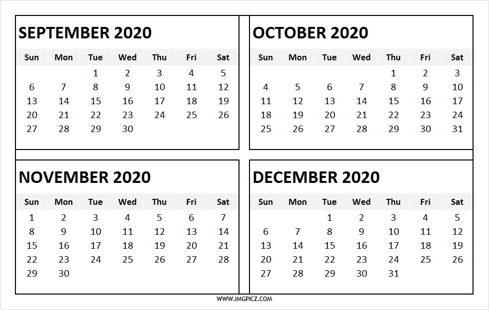 September To December 2020 Calendar Printable 4 Monthly Calendar