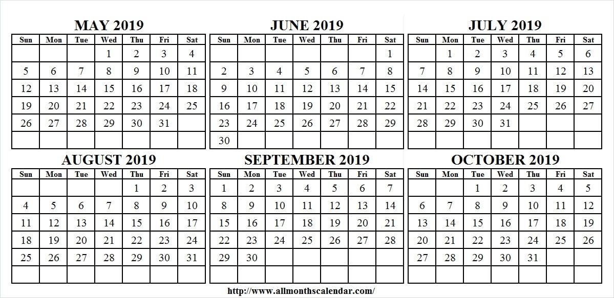 Six Month May October 2019 Calendar May 2019 Calendar Printout