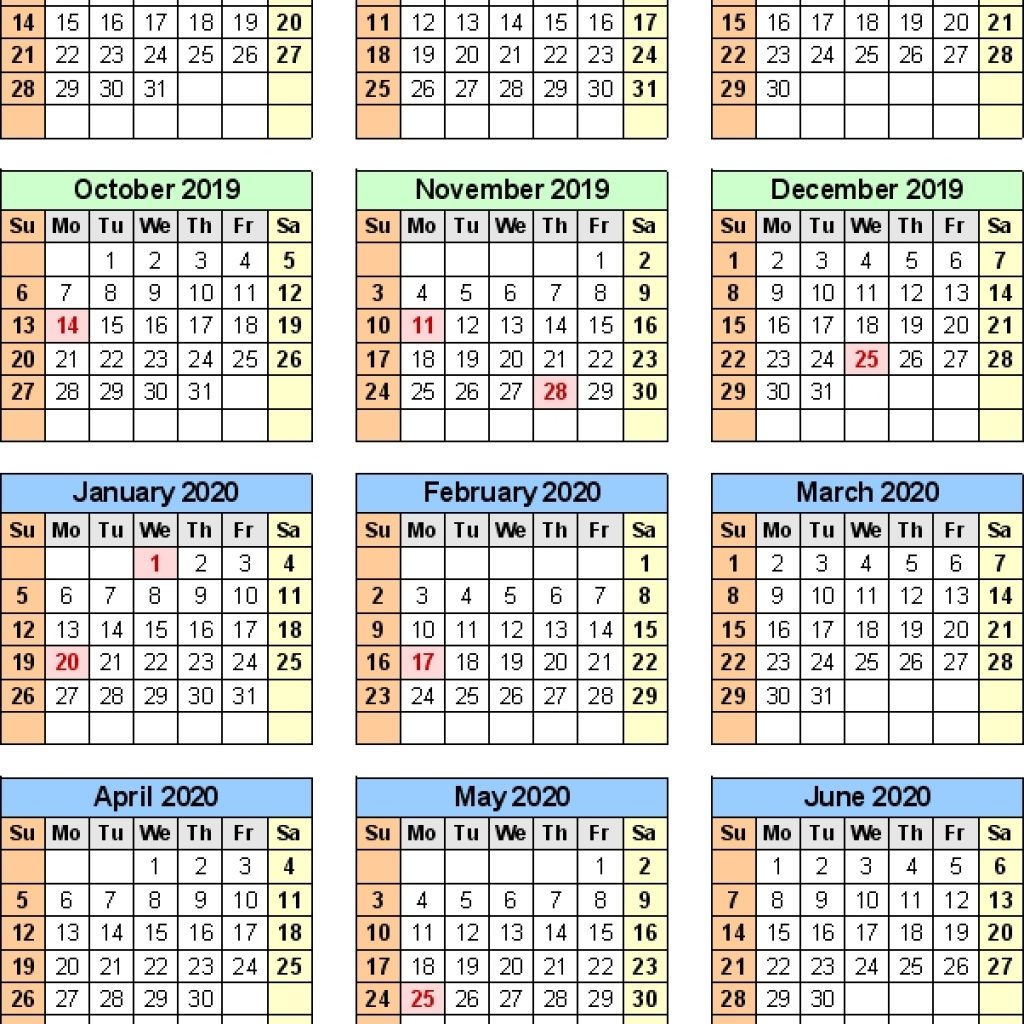 Split Year Calendar 201920 July To June Excel Templates