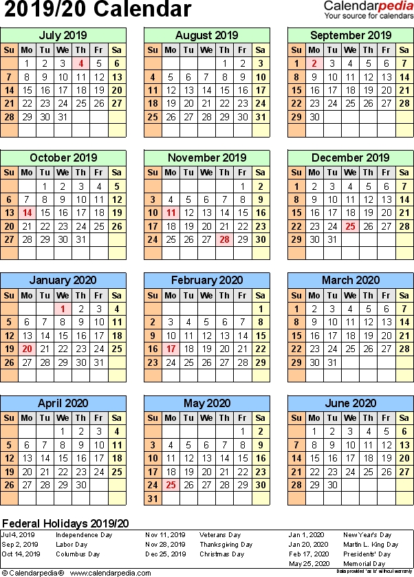 Split Year Calendar 201920 July To June Excel Templates