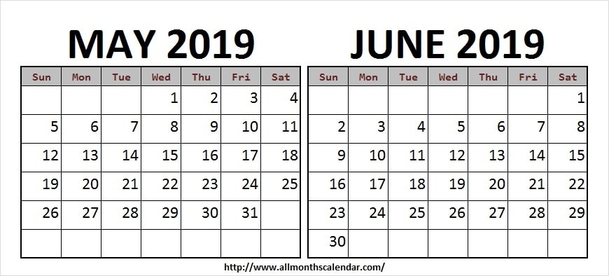 Two Month Calendar May June 2019 Template May Month Calendar