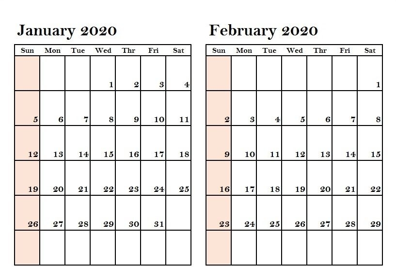 Two Month January February 2020 Calendar 2020 Calendars December