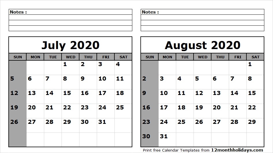 2020 Monthly Calendar Printable For June July And August 2020