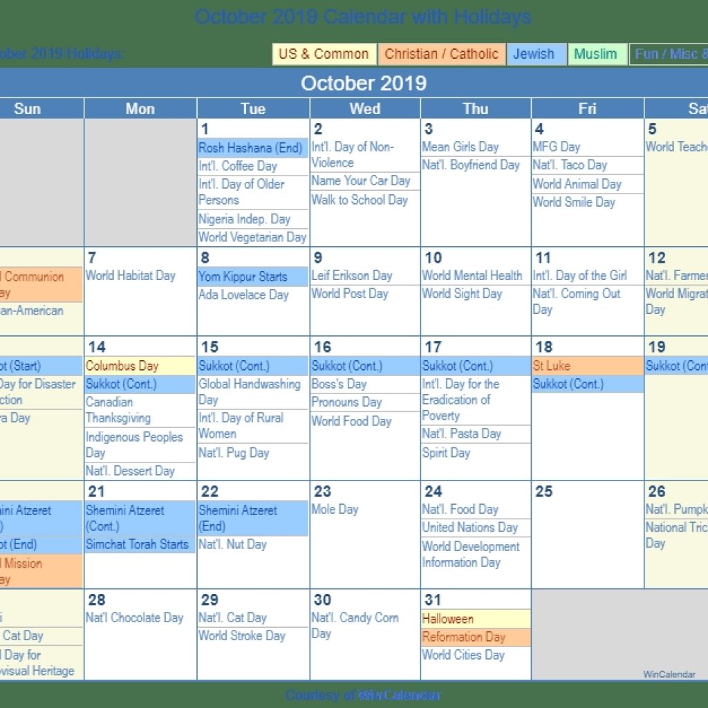 October 2019 Calendar With Holidays United States
