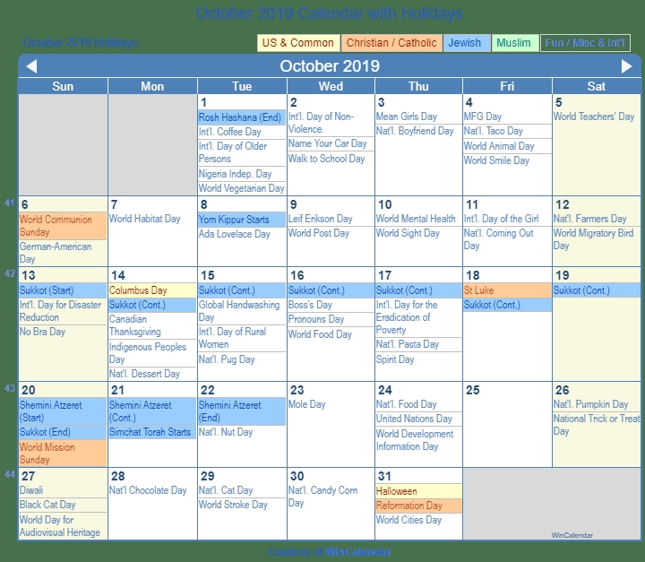 October 2019 Calendar With Holidays United States