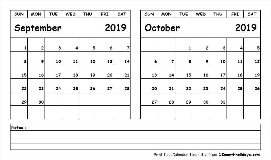 Print September October 2019 Calendar Template 2 Month Calendar