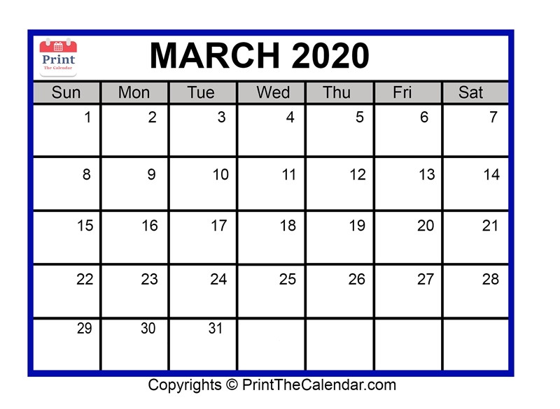 March 2020 Calendar Printable | March Blank Calendar Template