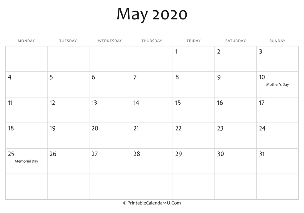 May 2020 Editable Calendar With Holidays