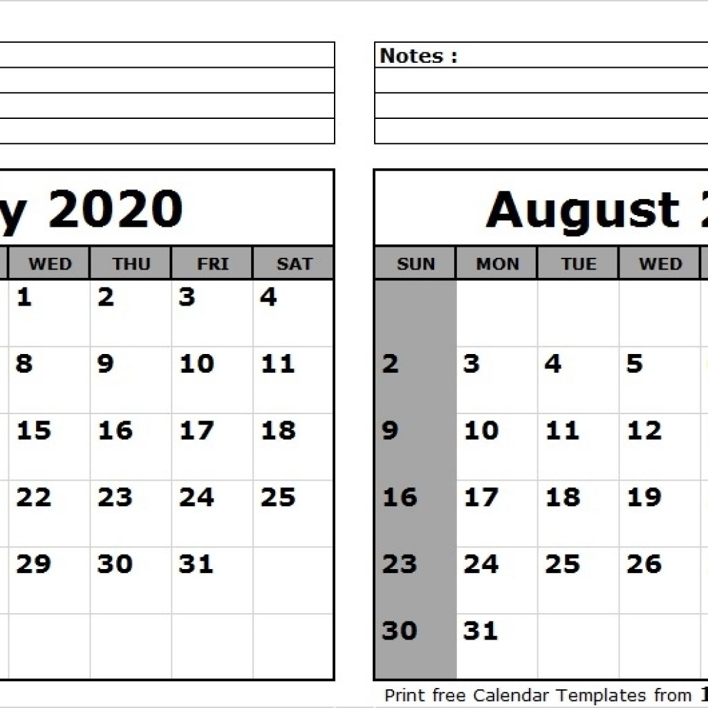 Print July August 2020 Calendar Template | 2 Month Calendar