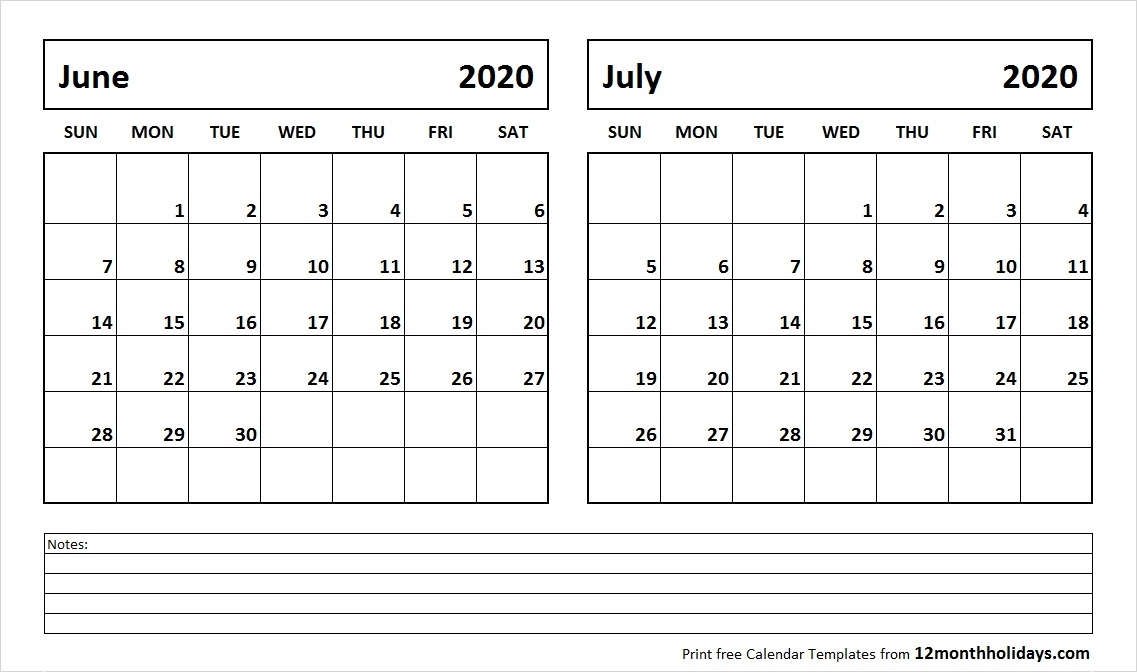 Print June July 2020 Calendar Template | 2 Month Calendar