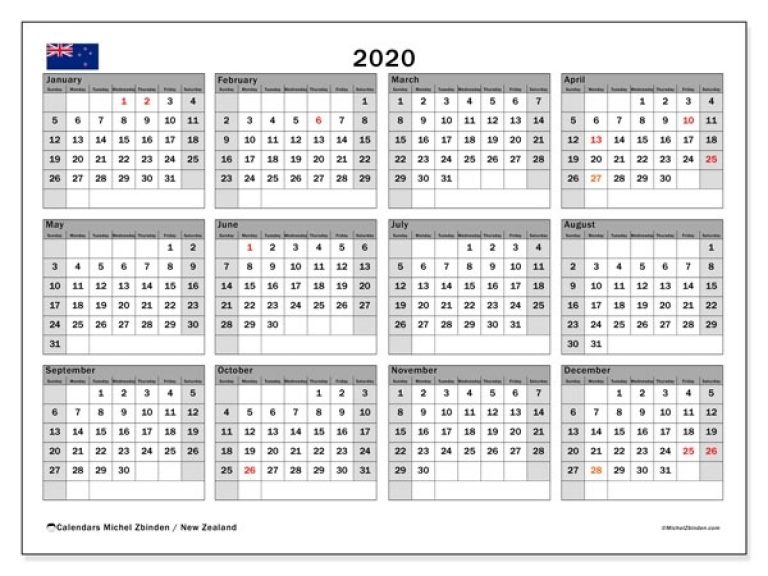 2020 Calendar, New Zealand - Michel Zbinden En